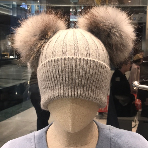 Angora Beanie hat with 2 removable fur pom pom main image 4